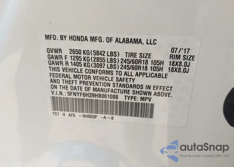 2017 Honda Pilot Ex from USA, damaged, VIN 5FNYF6H39HB061086